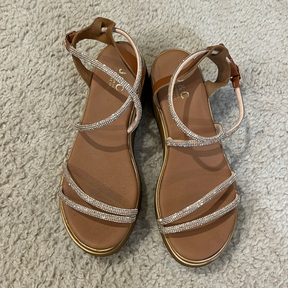J&C Rose Gold Rhinestone Ankle Wrap Platform Sandal